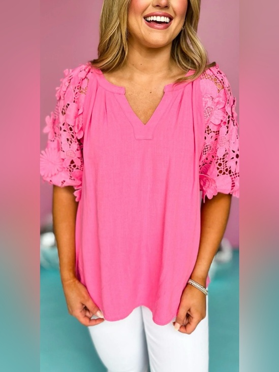 Umgee Tops - Umgee Linen Blend Bubble Pink Tunic Top M Crochet Floral Lace 3D Puff Sleeve